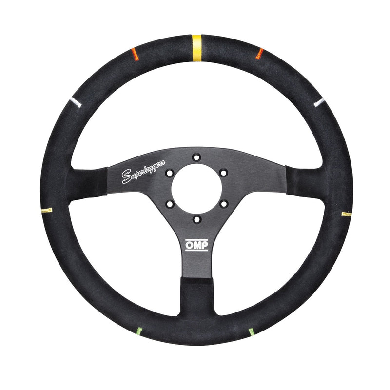 OMP FLAT STEERING WHEEL IN ALUMINIUM DIAM. 350 MM, BLACK WHIT COLORED STEER. ANGLE. (Old Part Number OD/2046/N)