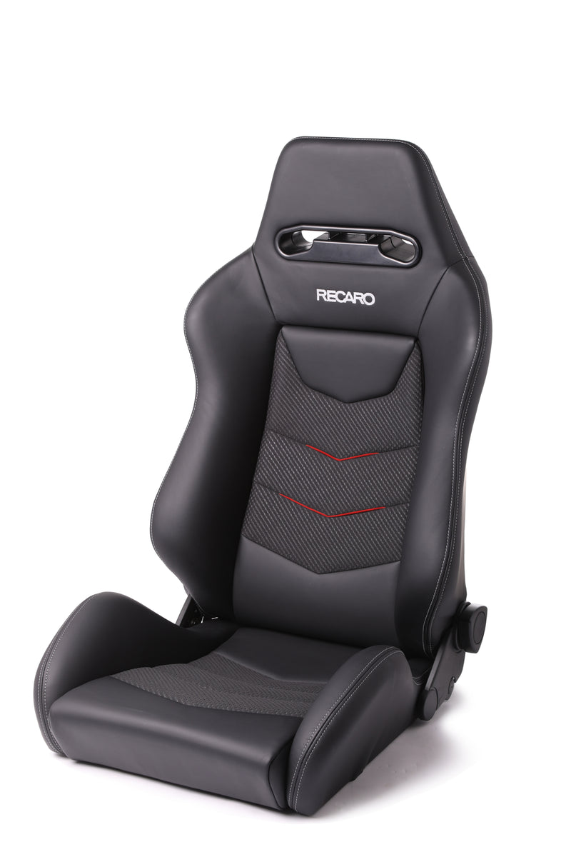 Recaro Speed V -Leather Black Bolster, Red Suede Accent Insert, Metal Grey Logo, 3 Point Belt