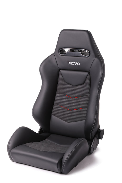 Recaro Speed V -Leather Black Bolster, Red Suede Accent Insert, Metal Grey Logo, 3 Point Belt