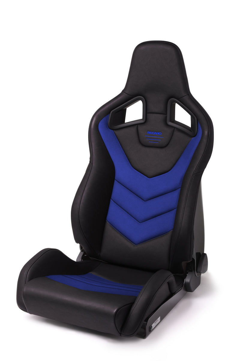 Recaro Sportster GT -Vinyl Black Bolster, Blue Suede Insert, Blue Logo, 3 Point Belt